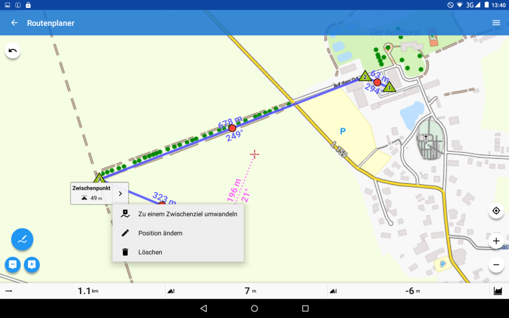 Locus Map Pro - Version 3.26.2 - Ein normaler Routenpunkt kann zu einem Zwischenziel umgewandelt werden.