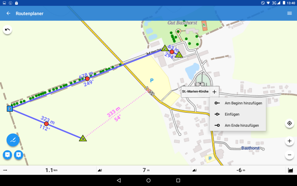 Locus Map Pro - Version 3.26.2 - Auch Karten-POIs können in die Route aufgenommen werden.