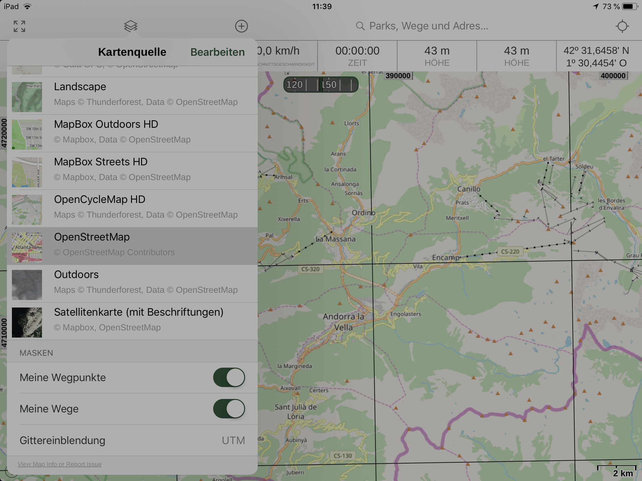 Gaia GPS - Auswahl der aktiven Karten.