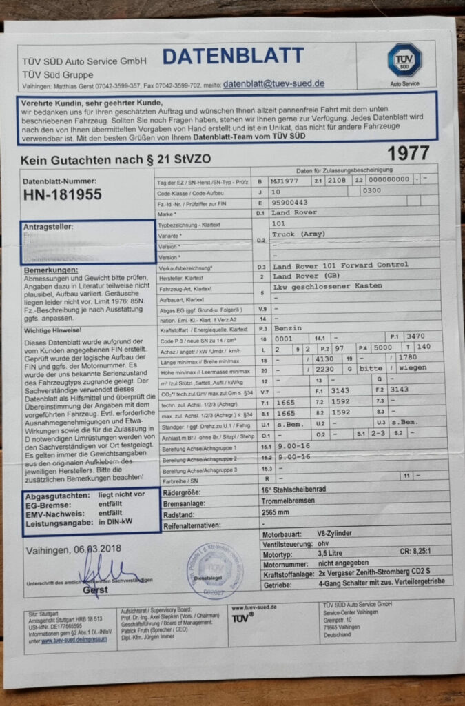 Datenblatt für Fahrzeuge vom TÜV Süd.