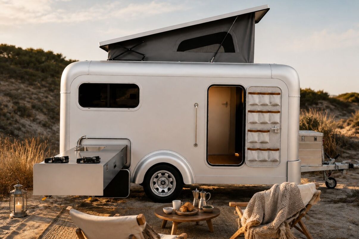 Lume Ranger Caravan mit geoeffnetem Hubdach und ausgezogener Aussenkueche in den Duenen