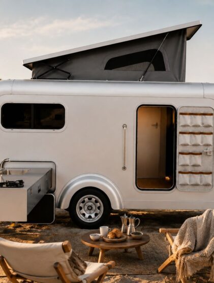 Lume Ranger Caravan mit geoeffnetem Hubdach und ausgezogener Aussenkueche in den Duenen